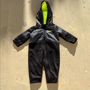 Nike Infant Black and Gray Hooded Jumpsuit with Neon Accents